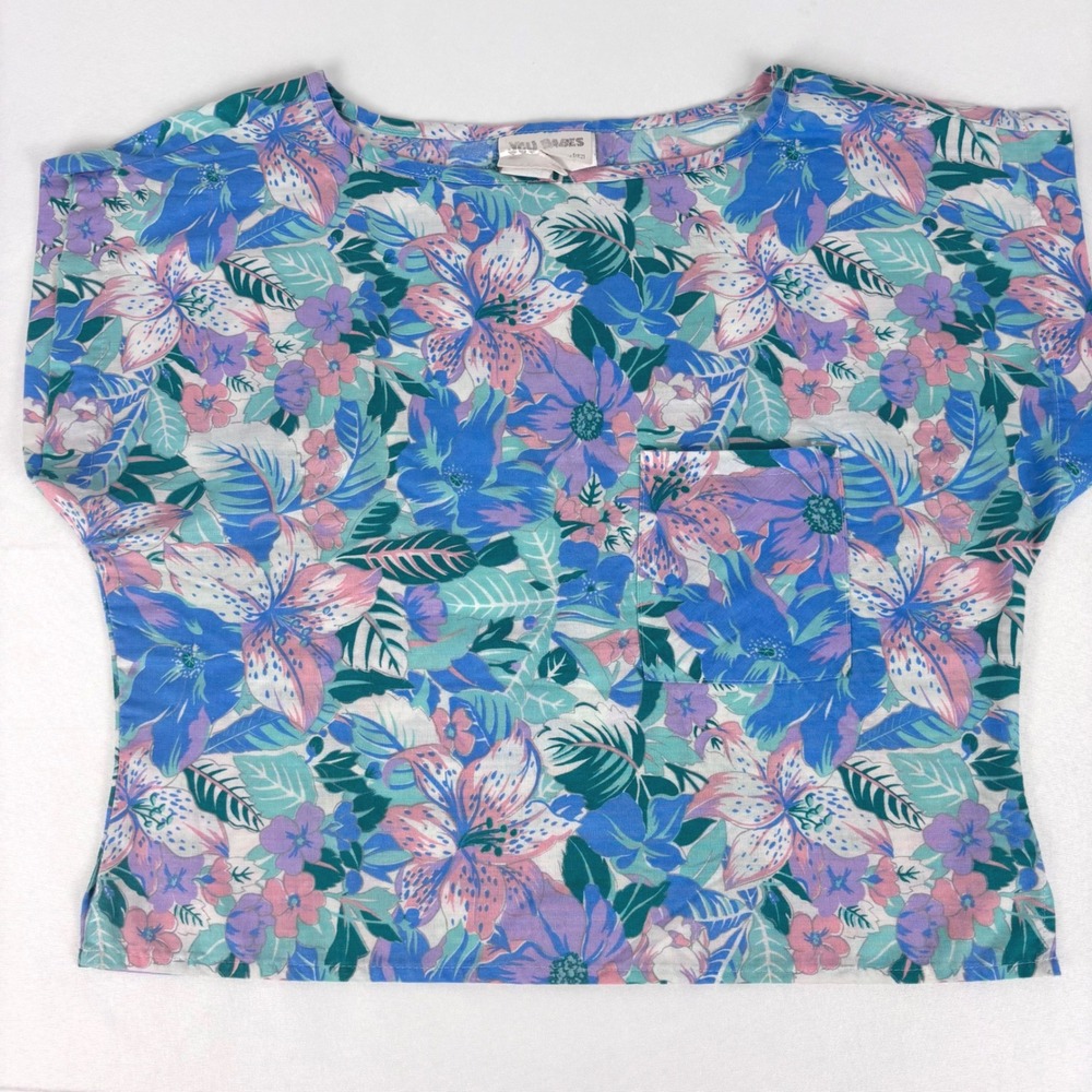 Vintage 80s You Babes Floral Cropped Tee Pastel Tropical Pocket Sz S